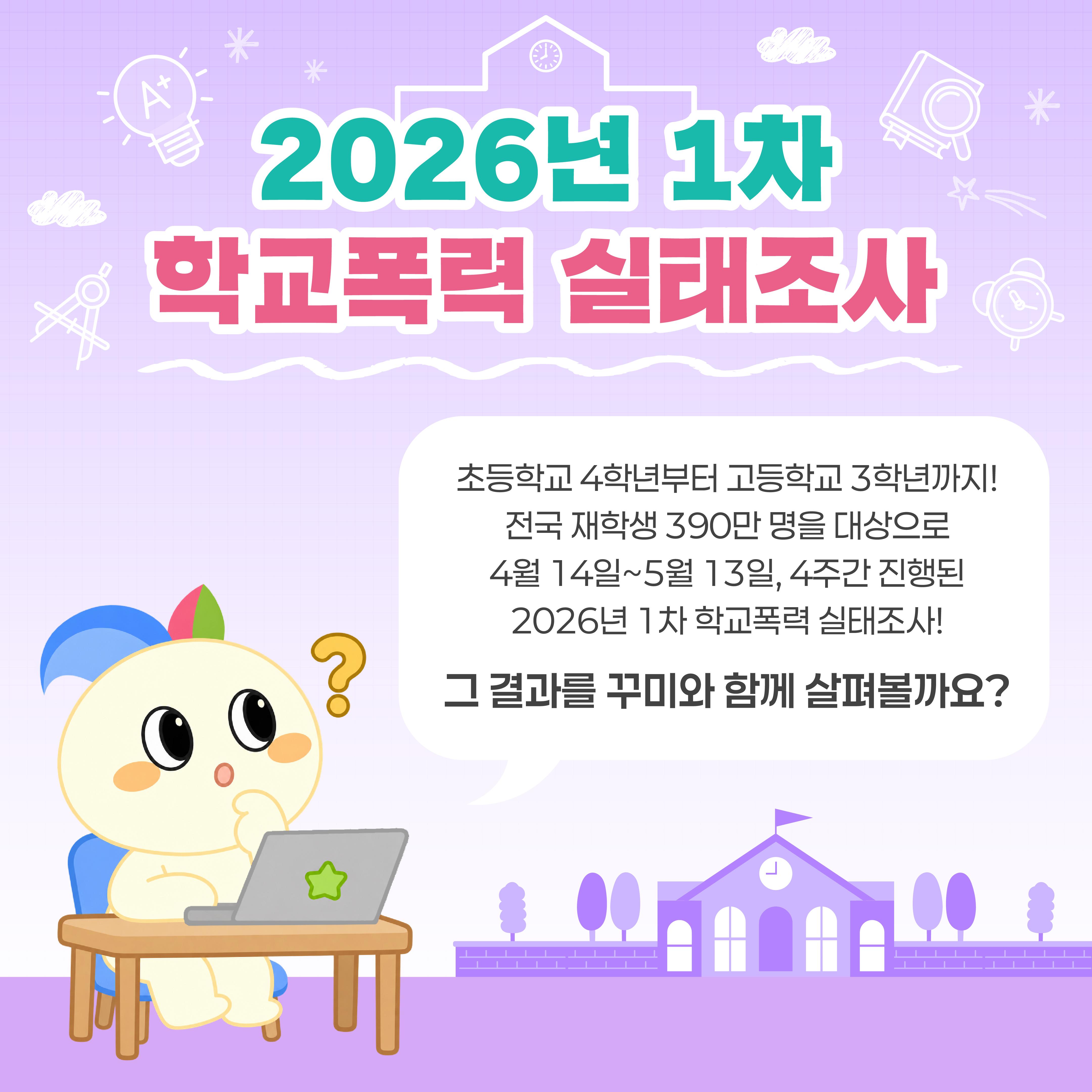 [카드뉴스] 꾸미와 함께 알아보는 2026년 1차 학교폭력 실태조사 결과!